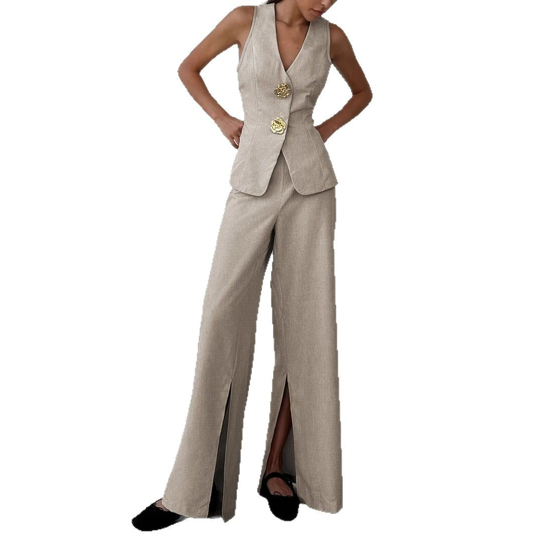 Damen elegantes Ensemble aus ärmellosem Blazer und weiten Hosen W&W Mode