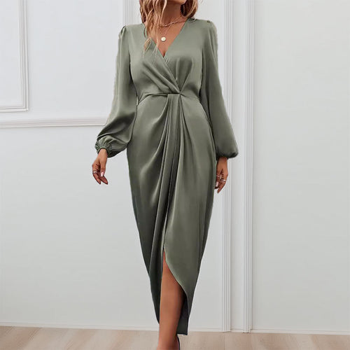 Damen Elegantes Maxikleid mit tiefem V-Ausschnitt und Ballonärmeln WW