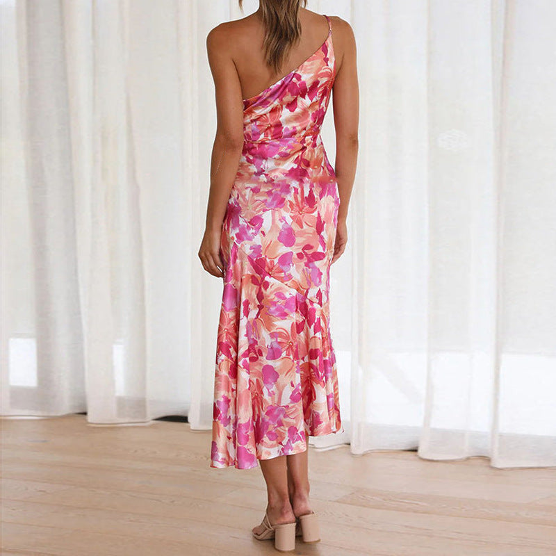 Damen Elegantes Maxikleid mit asymmetrischem Träger und floralem Design WW
