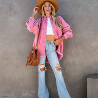 Damen lässige Overshirtjacke aus leichtem Denim mit fransigen Details WW