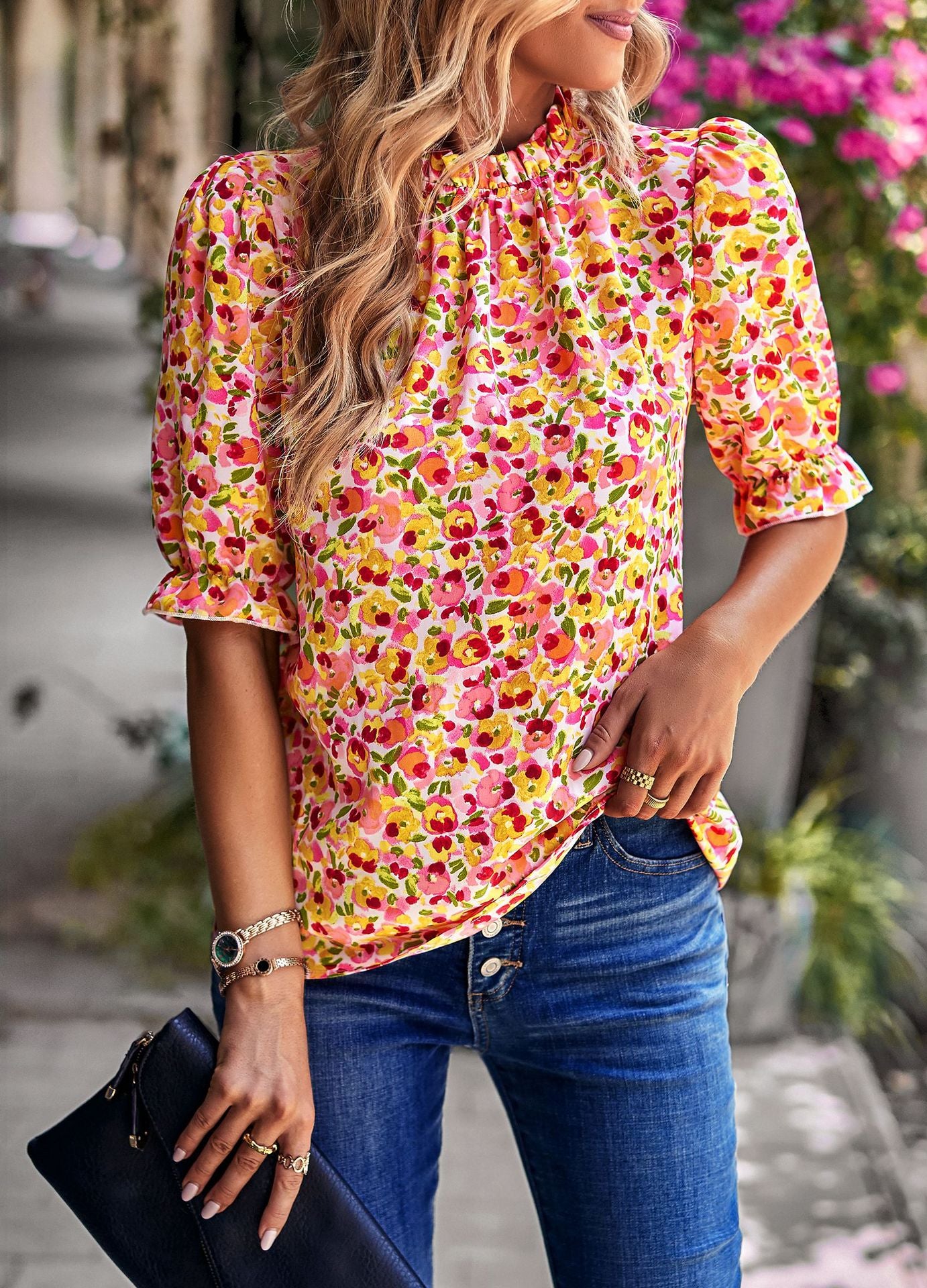 Damen Bluse mit verspieltem Blumendesign und Puffärmeln WW