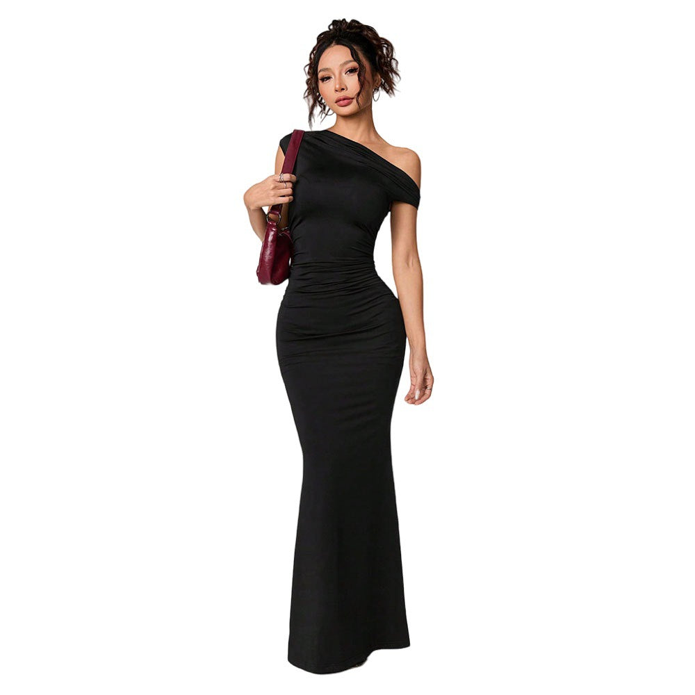 Damen figurbetontes Maxikleid mit asymmetrischem Ausschnitt und eleganter Drapierung W&W
