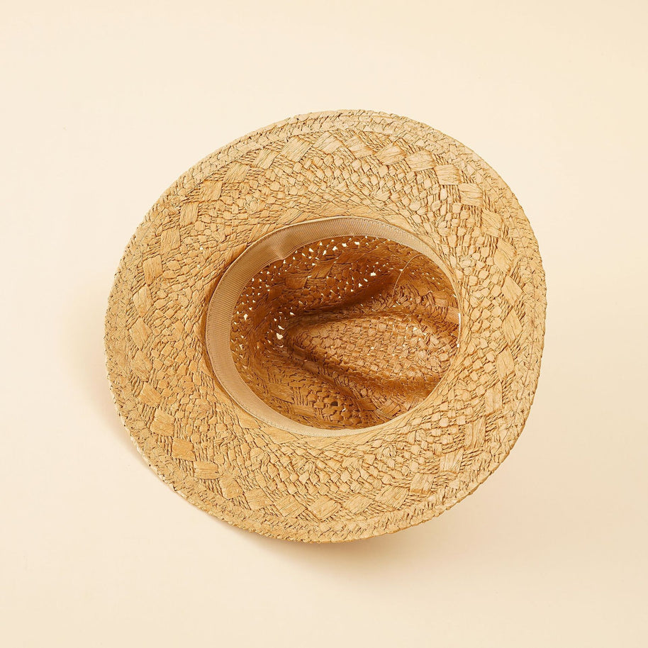 Damen Strohhut im klassischen Fedora-Stil mit breiter Krempe und elegantem Band WW