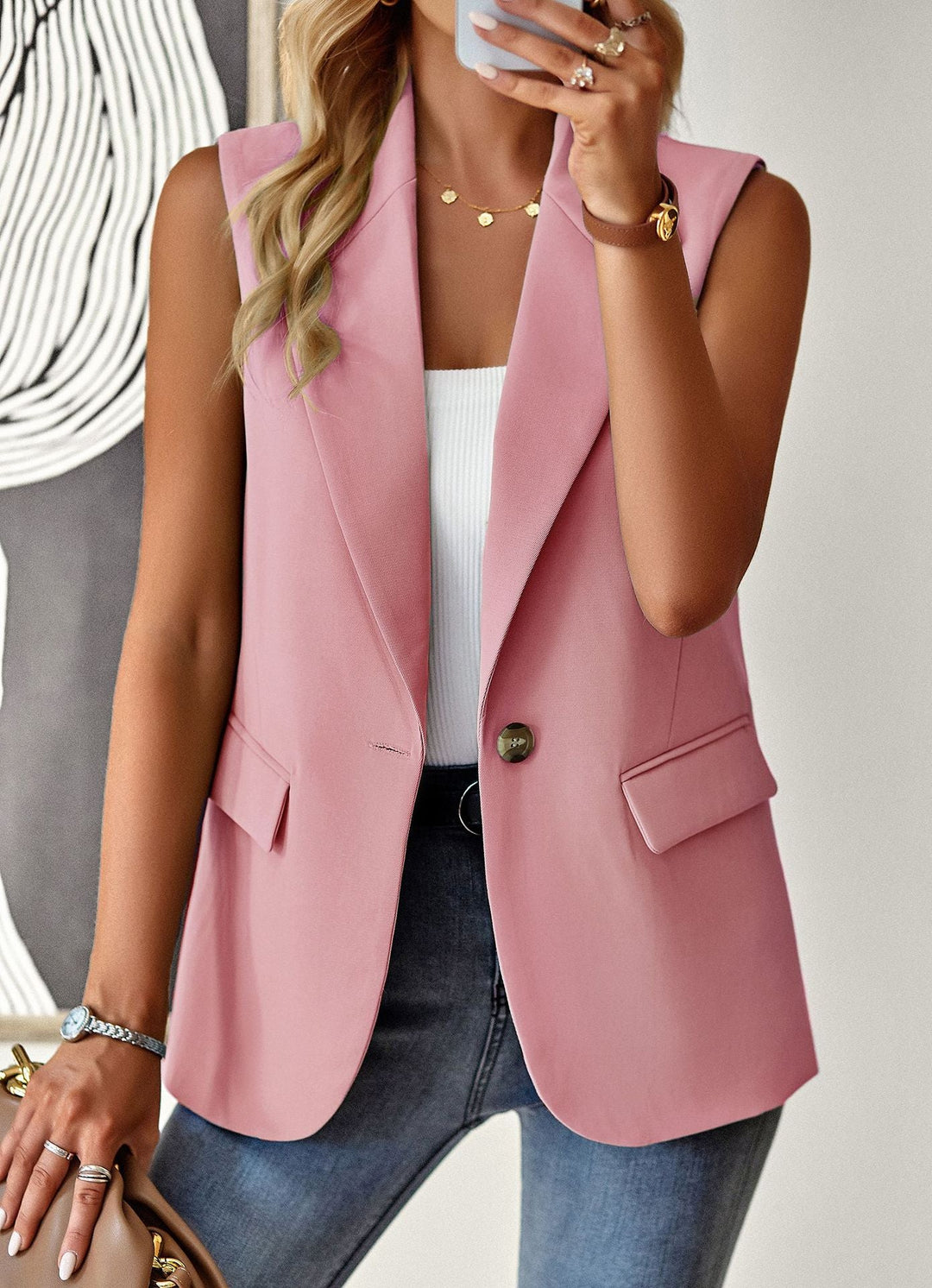 Damen lässiger Blazer ohne Ärmel mit tailliertem Schnitt und eleganten Taschen W&W Mode
