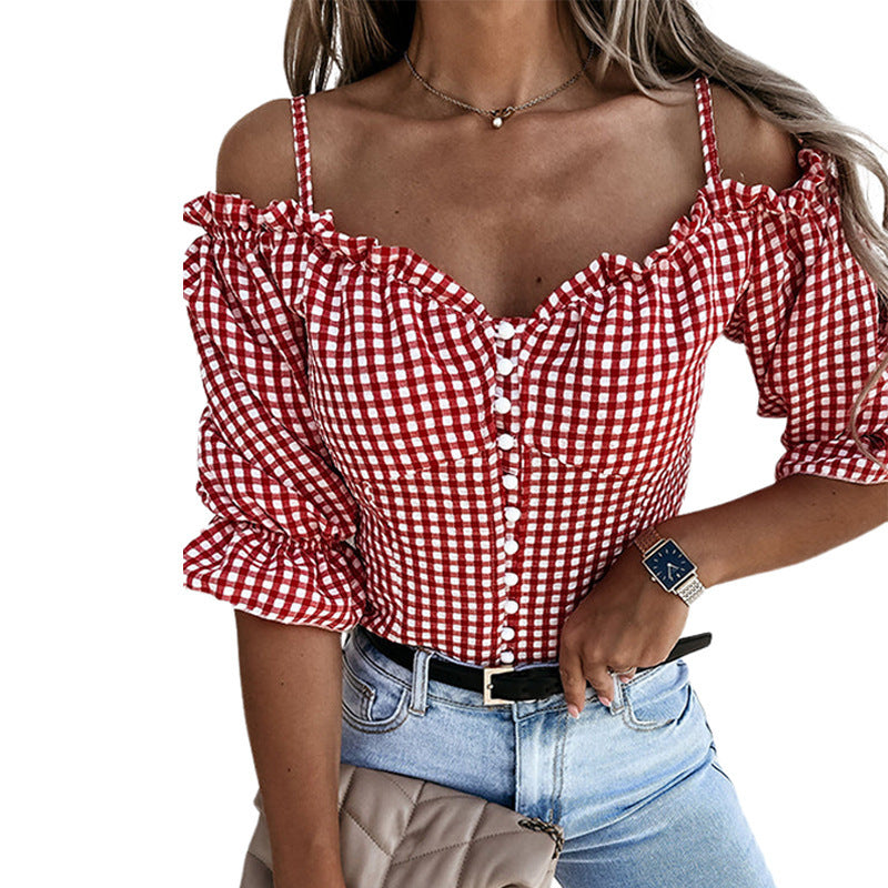 Damen Off-Shoulder Bluse mit Rüschendetails und Karomuster WW