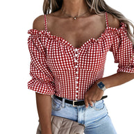 Damen Off-Shoulder Bluse mit Rüschendetails und Karomuster WW