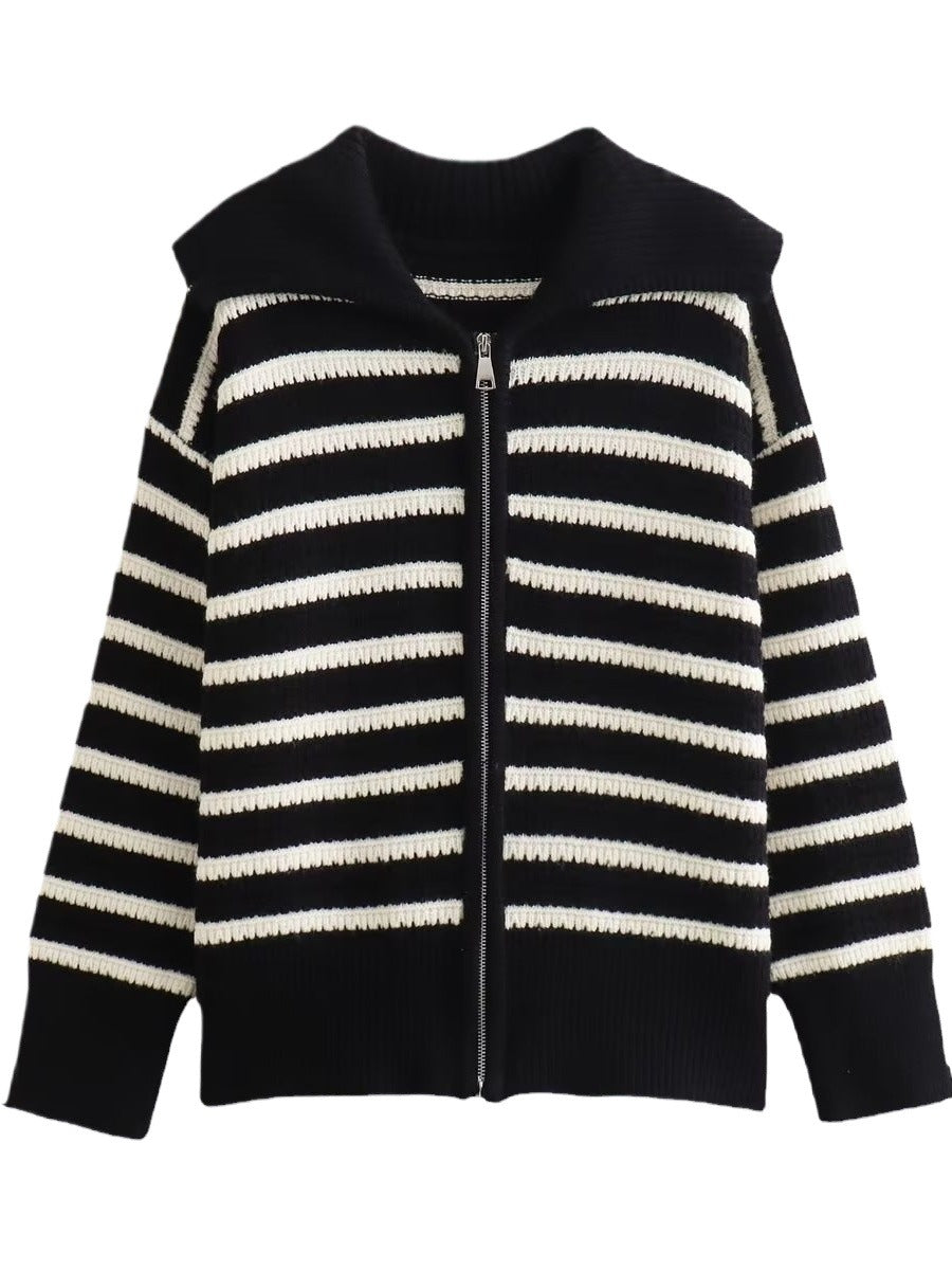 Damen gestreifte Strickjacke mit modernem Reißverschluss W&W Mode