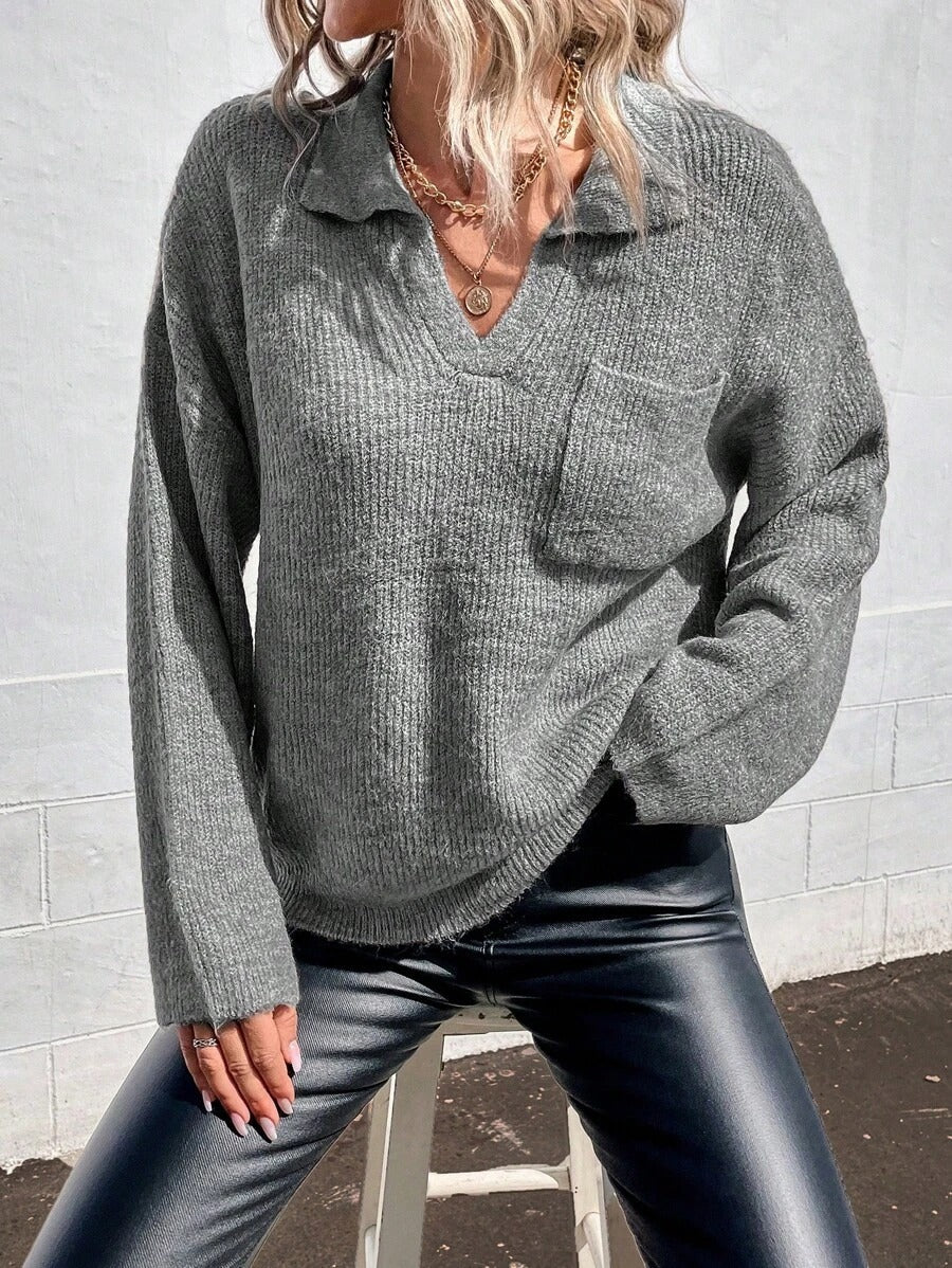 Damen Sportlicher Pullover mit modernem V-Ausschnitt und praktischer Brusttasche WW