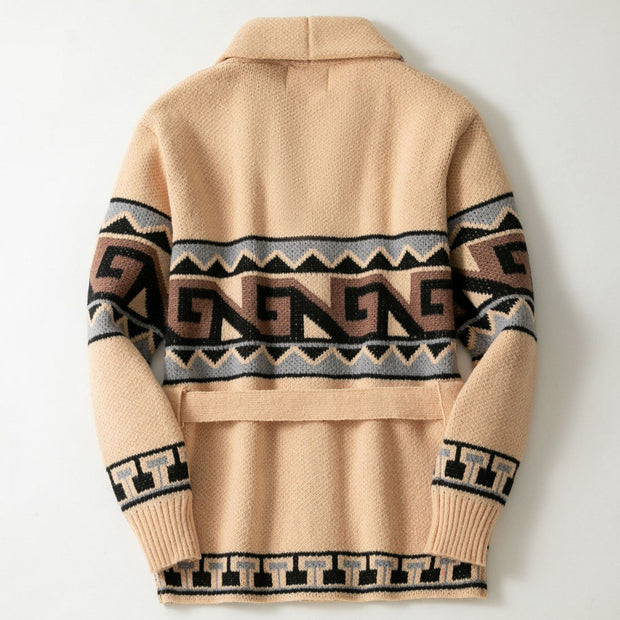 Damen Strickjacke mit grafischem Muster und Gürtel WW