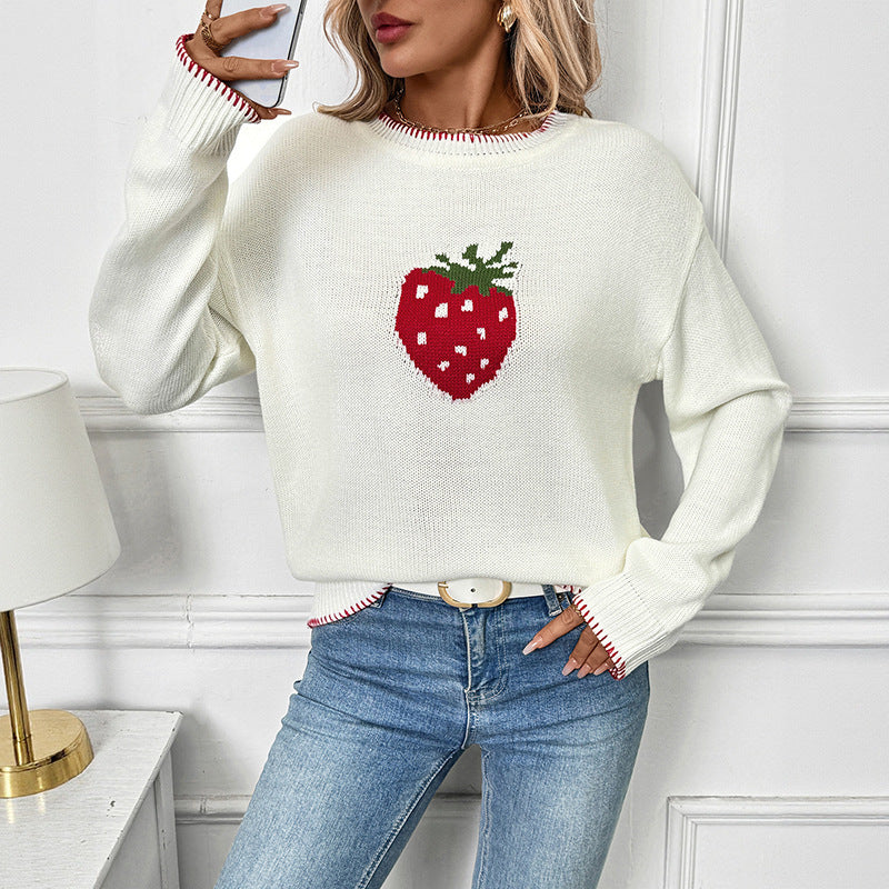 Damen Strickpullover mit fruchtigem Erdbeer-Motiv und lässigem Schnitt WW