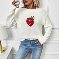 Damen Strickpullover mit fruchtigem Erdbeer-Motiv und lässigem Schnitt WW
