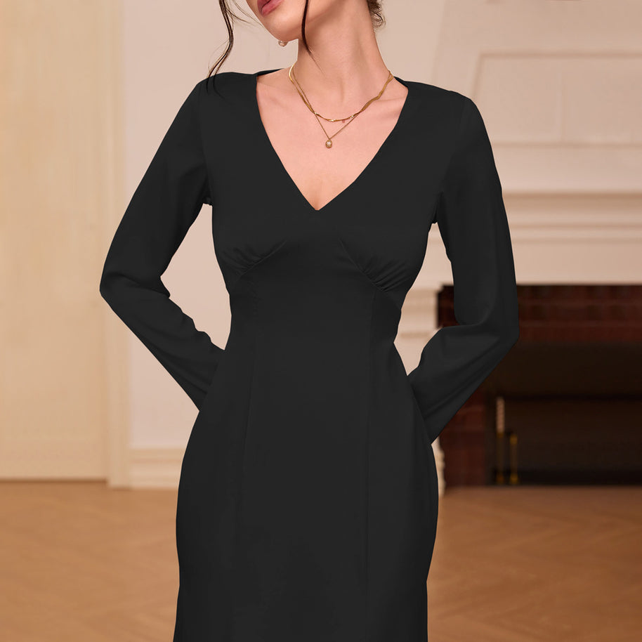 Damen elegantes Satin-Kleid mit V-Ausschnitt und langem Arm W&W
