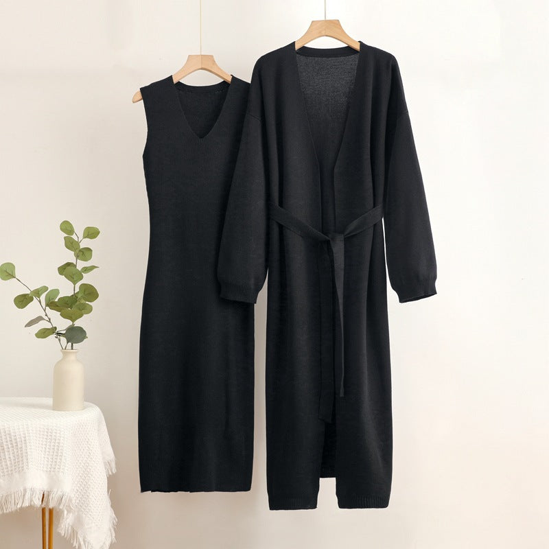 Damen 2-teiliges Kleid und Cardigan-Set mit V-Ausschnitt WW