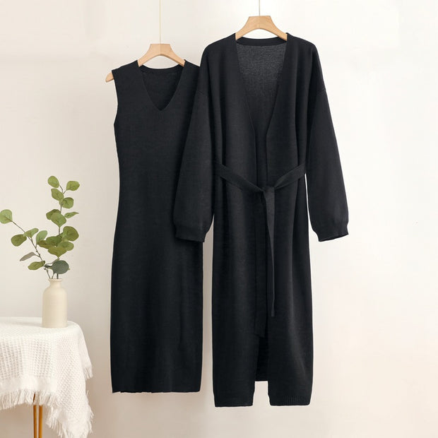 Damen 2-teiliges Kleid und Cardigan-Set mit V-Ausschnitt WW