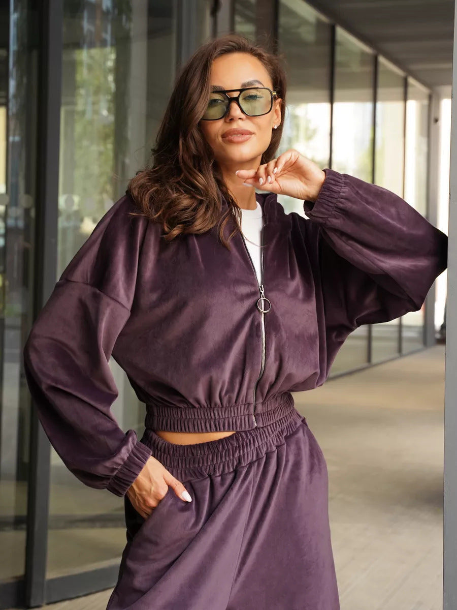 Damen sportliche Veloursjacke mit elastischen Bündchen und Reißverschluss WW