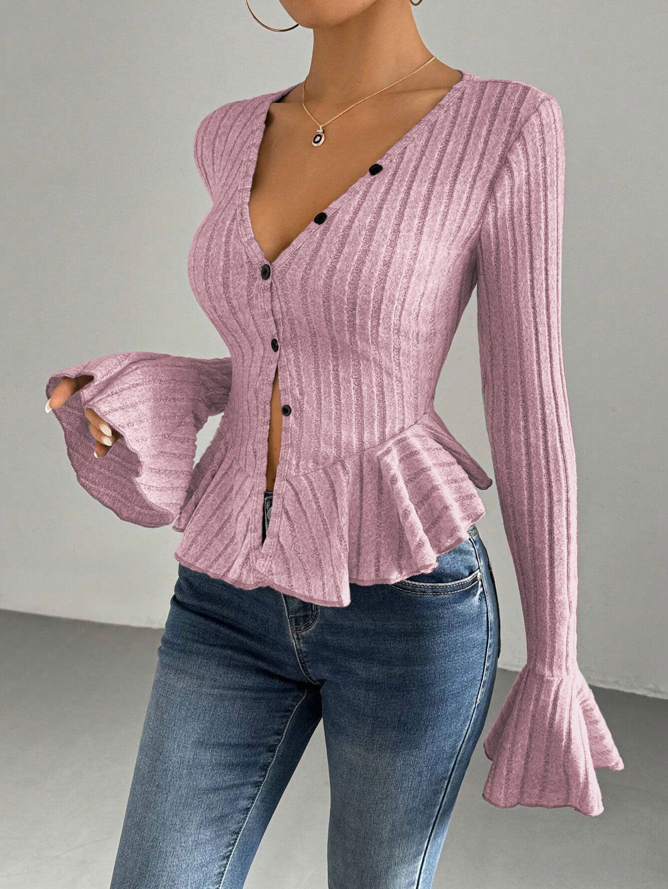 Damen Strickoberteil mit raffiniertem Kellerfalten-Design und Knopfleiste WW
