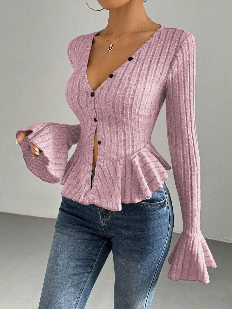 Damen Strickoberteil mit raffiniertem Kellerfalten-Design und Knopfleiste WW