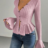 Damen Strickoberteil mit raffiniertem Kellerfalten-Design und Knopfleiste WW