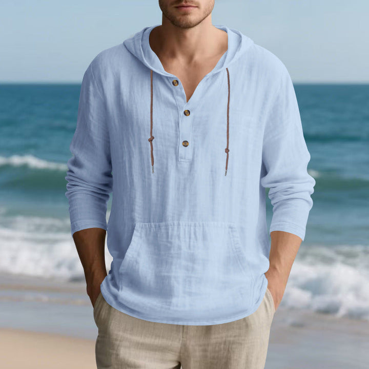 Herren nan leichtes Kapuzen-Henley aus Leinen-Baumwollmix mit Kängurutasche und Knopfleiste W&W Mode
