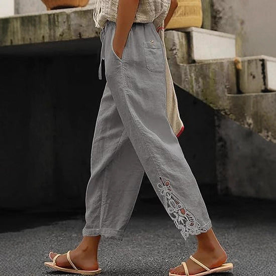 Damen lockere Leinenhose mit dekorativer Stickerei WW