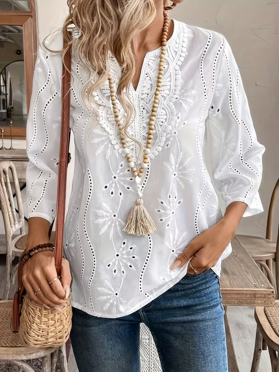 Damen bestickte Bluse mit elegantem V-Ausschnitt und 3/4-Ärmeln WW