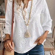 Damen bestickte Bluse mit elegantem V-Ausschnitt und 3/4-Ärmeln WW