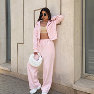 Damen Sportliches Freizeit-Set mit modischem Cropped Hoodie und weiter Hose WW
