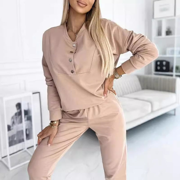 Damen Bequemes Freizeitanzug Set mit Knopfdetails WW