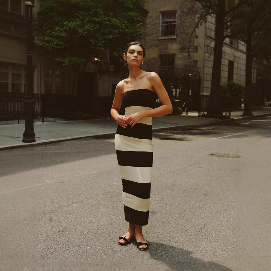 Damen schickes Bandeau-Maxikleid mit grafischem Streifenmuster und figurbetontem Schnitt WW