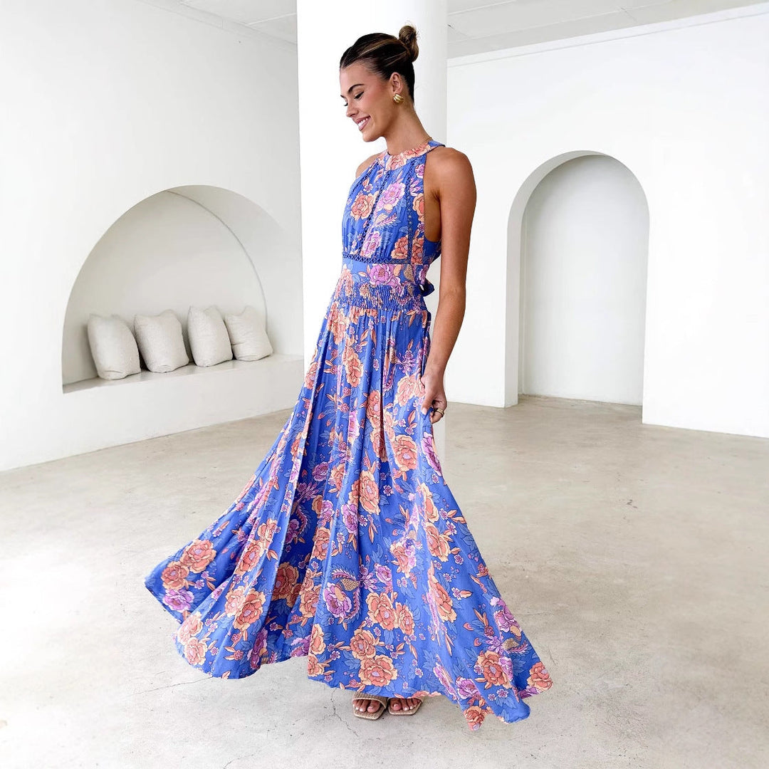 Damen Maxikleid mit hochgeschlossenem Ausschnitt und floralen Akzenten W&W Mode