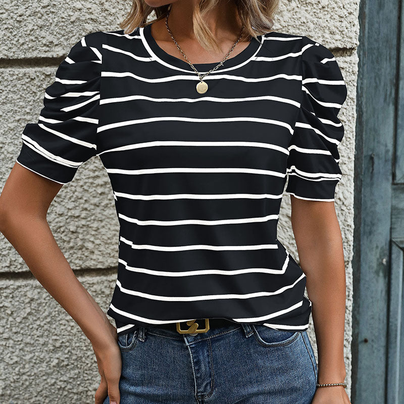 Damen T-Shirt mit dekorativen Puffärmeln und modernem Streifenmuster WW