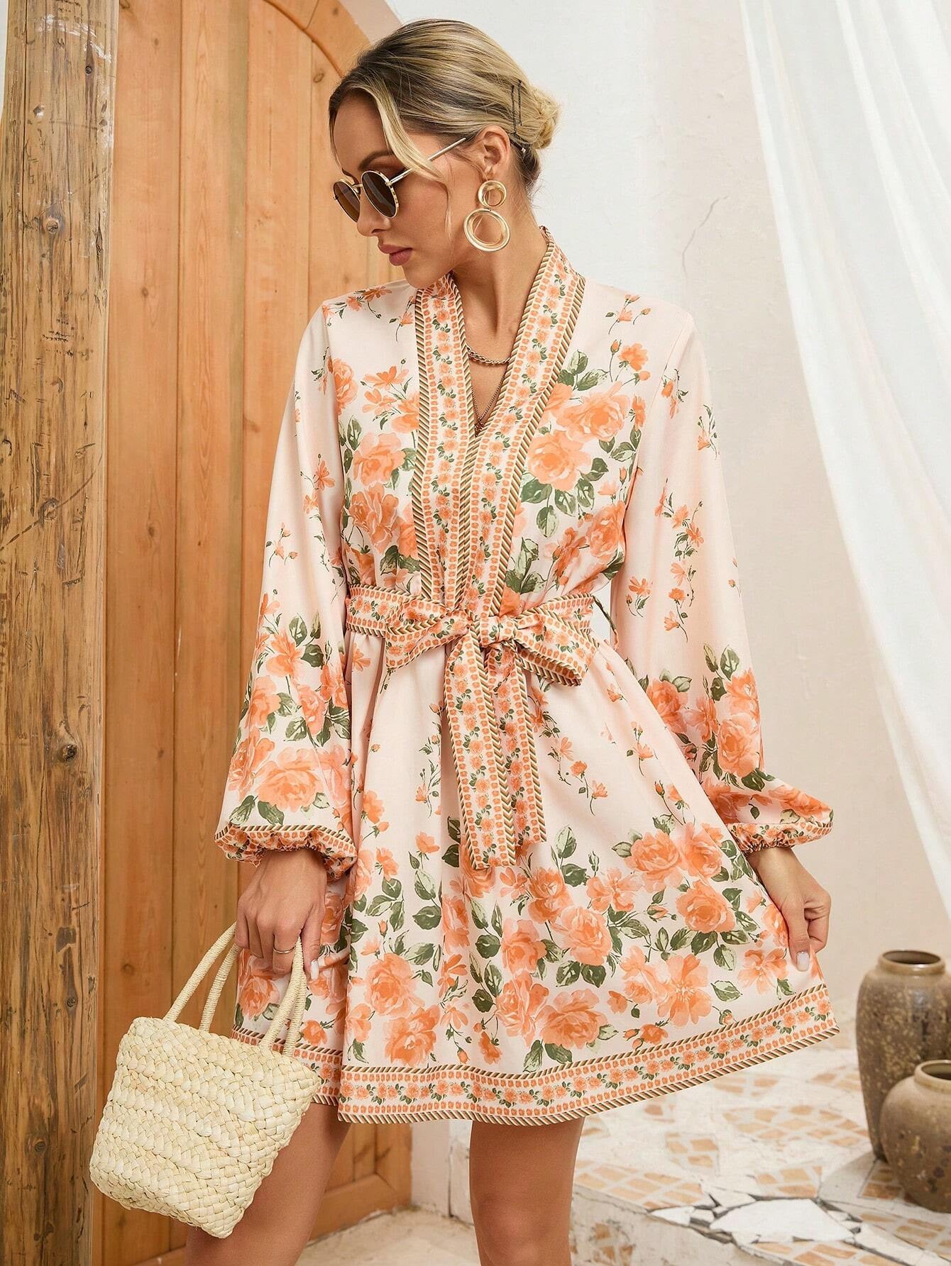 Damen Sommerliches Blumenkleid mit eleganter Taillenschnürung und langen Ärmeln WW