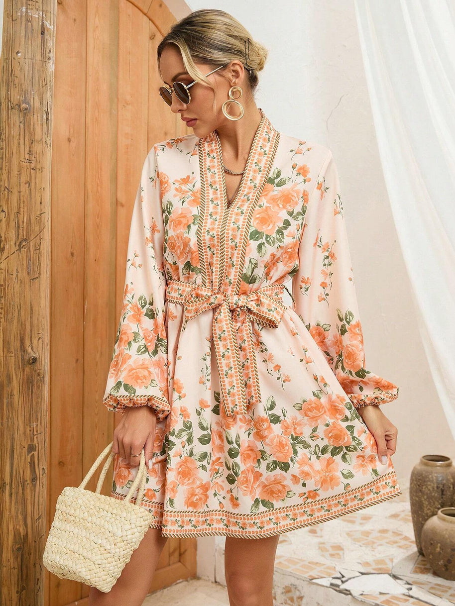 Damen Sommerliches Blumenkleid mit eleganter Taillenschnürung und langen Ärmeln WW
