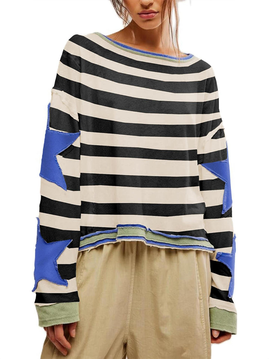Damen Lässiger Sweatshirt mit gestreiftem Design und Sternenapplikationen WW