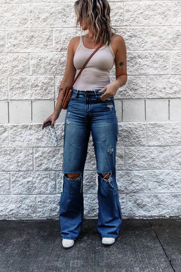 WW | Damen High Waist Ripped Jeans mit Weitem Bein