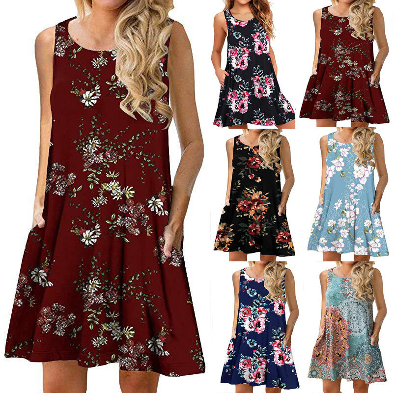 Damen ärmelloses Blumen-Minikleid mit praktischen Eingrifftaschen WW
