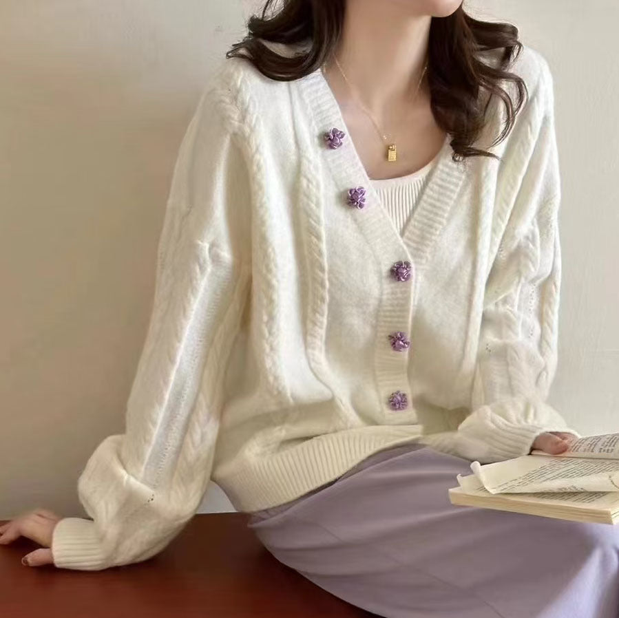 Damen Strickjacke mit dekorativen Knöpfen und Zopfmuster WW