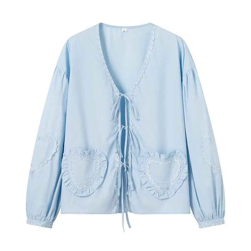 WW | Karierte Herzdrüsen Ribbon Shirt Stylisches Leichtes Top Für Ganzjährige Trageweise