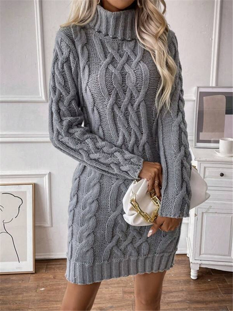 Damen Strickkleid mit hochgeschlossenem Kragen und Zopfmuster WW