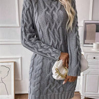 Damen Strickkleid mit hochgeschlossenem Kragen und Zopfmuster WW