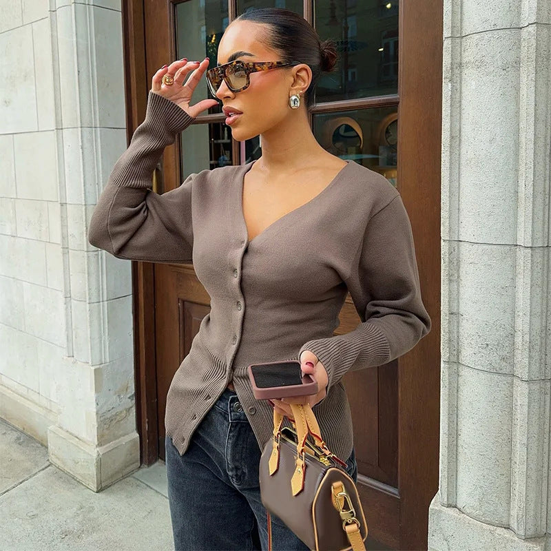 Damen Strickjacke mit V-Ausschnitt und Knopf-Detail WW