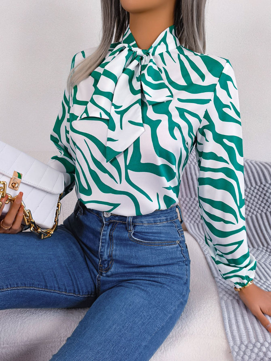 Damen Bluse mit modischem Zebra-Muster und elegantem Schleifenkragen WW