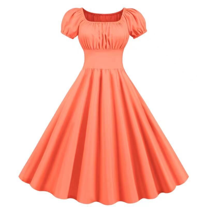 Damen Vintage Kleid mit Puffärmeln und schwingendem Rock WW