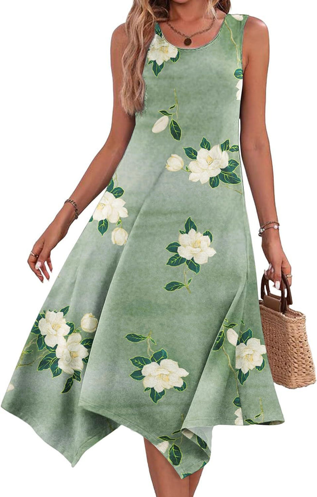Damen ärmelloses Sommerkleid mit asymmetrischem Schnitt und floralem Design WW