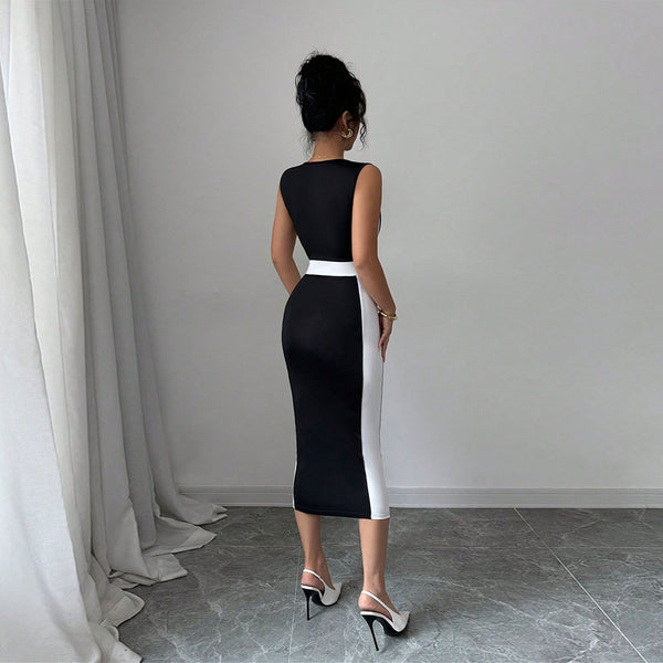 Damen figurbetontes Midi-Kleid mit elegantem Farbkontrast und schickem Ausschnitt W&W