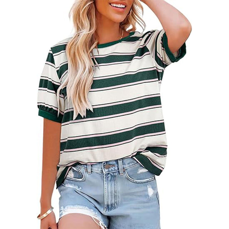 Damen lässiges Streifen T-Shirt mit Kurzarm und Rundhalsausschnitt WW