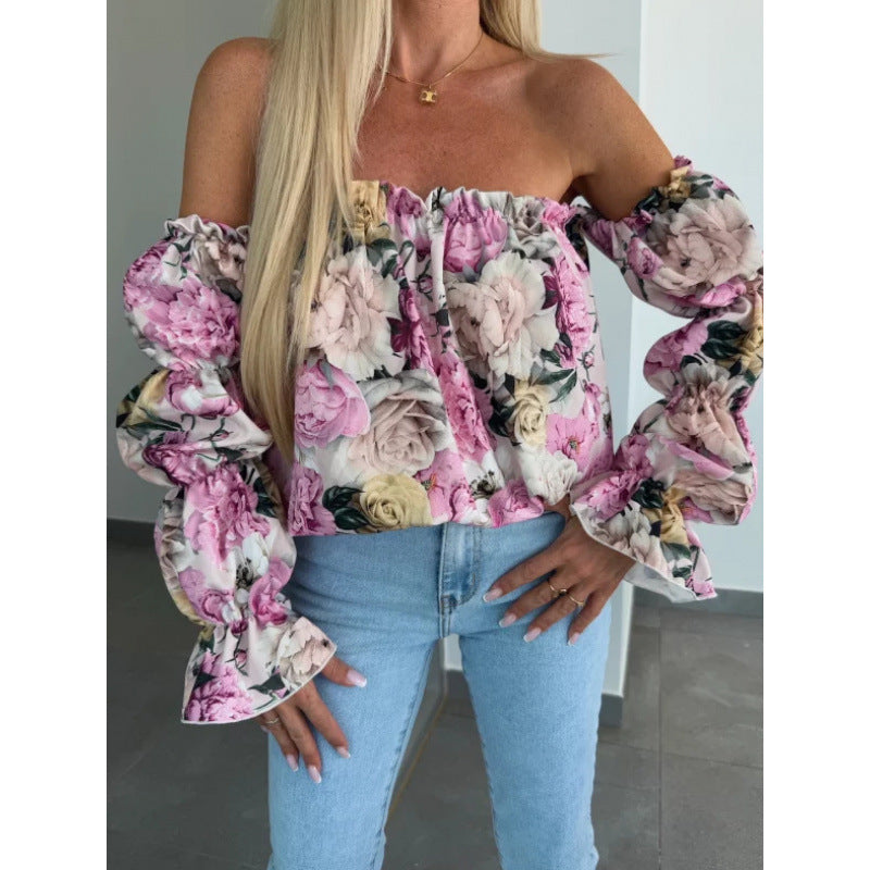 Damen Off-Shoulder Rüsch Blumen Bluse WW