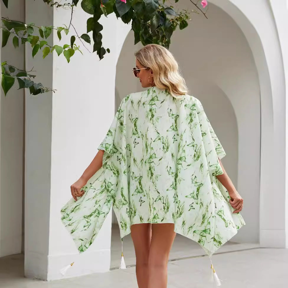 Damen eleganter Kimono mit kunstvollem floralem Muster und fransigen Kanten W&W Mode