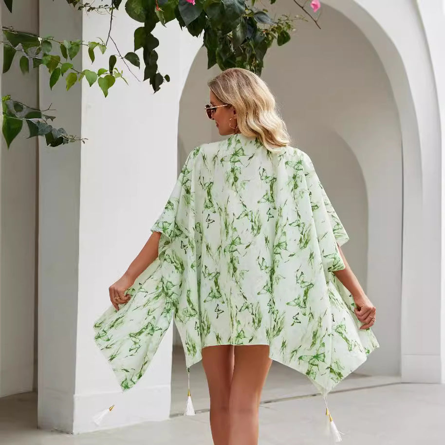 Damen eleganter Kimono mit kunstvollem floralem Muster und fransigen Kanten WW