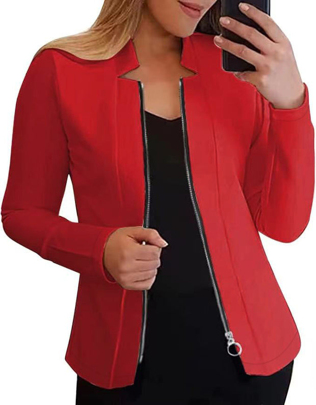 Damen moderne Blazerjacke mit asymmetrischem Reißverschluss und figurbetontem Schnitt WW
